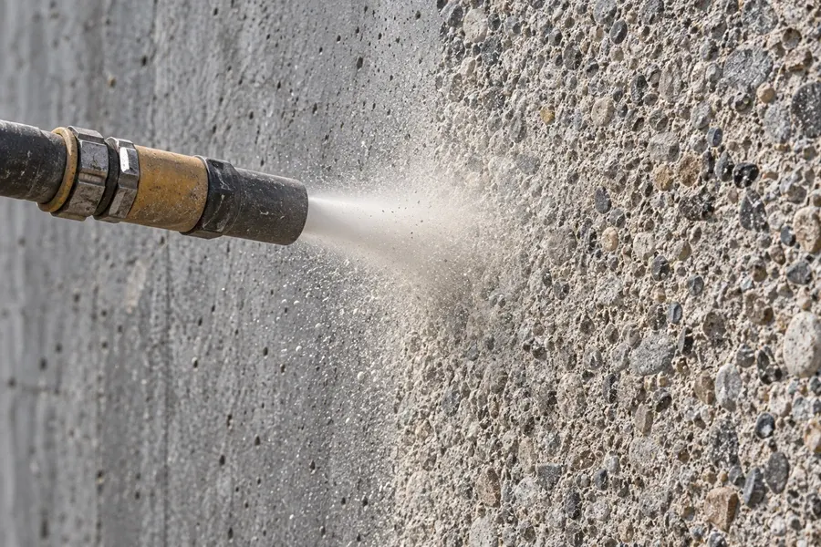 Blästring av betongvägg där cementhuden tas bort och ballasten friläggs