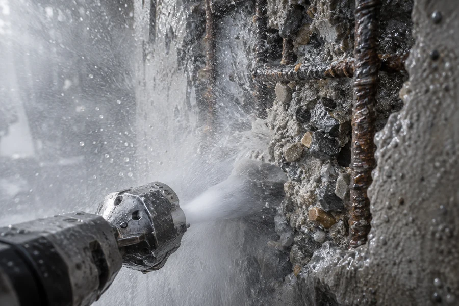 Vattenbilning där en högtrycksstråle avlägsnar skadad betong runt armeringen i en betongvägg